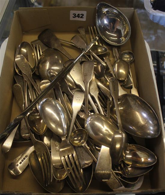 Large  quantity georgian and later silver flatware, punch ladle and pickle fork